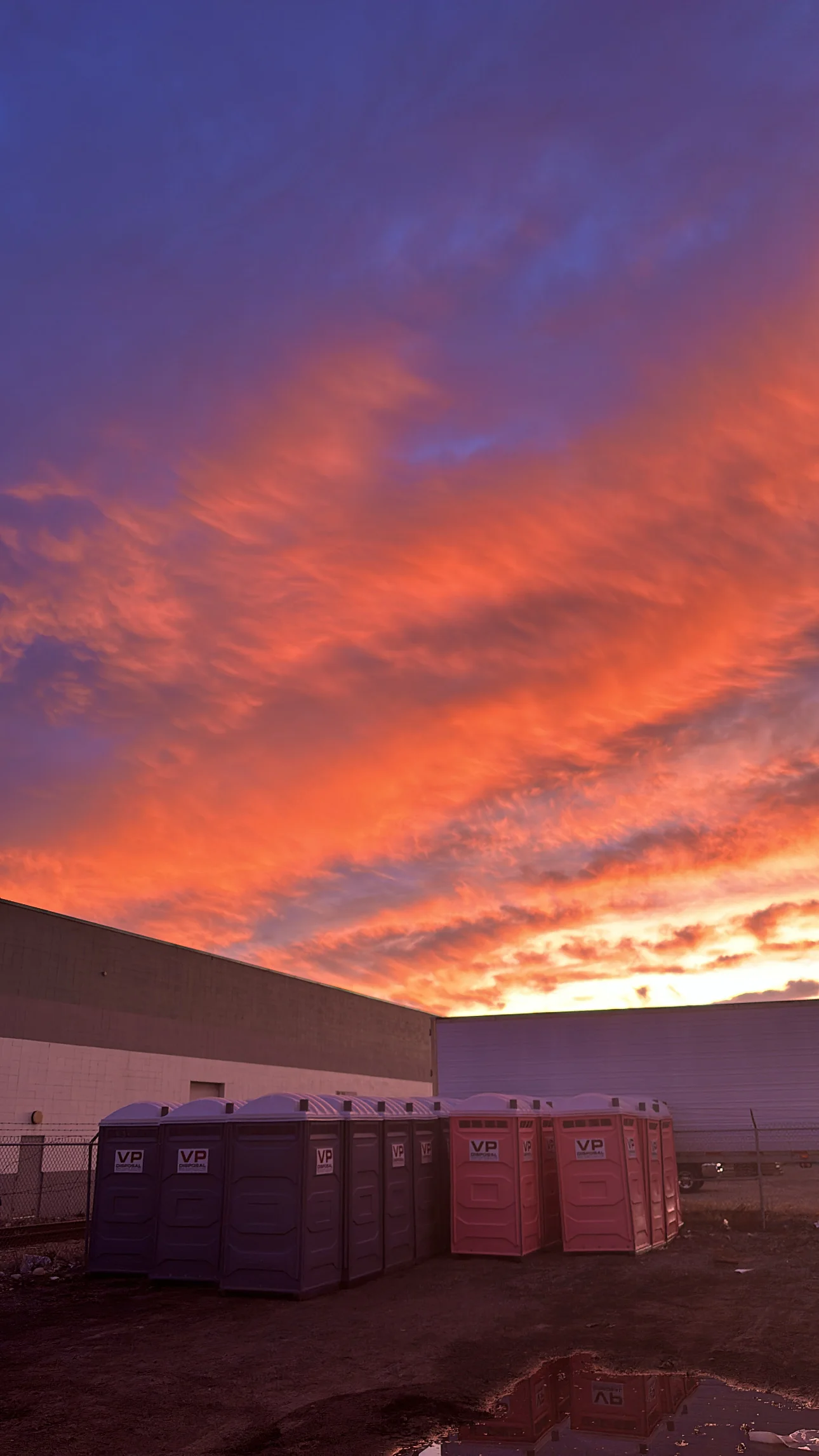 An orange sunset over VP Disposal’s yard and portable toilets
